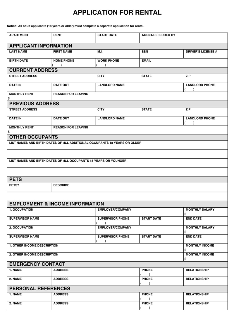 Printable California Rental Application Form for Free Download