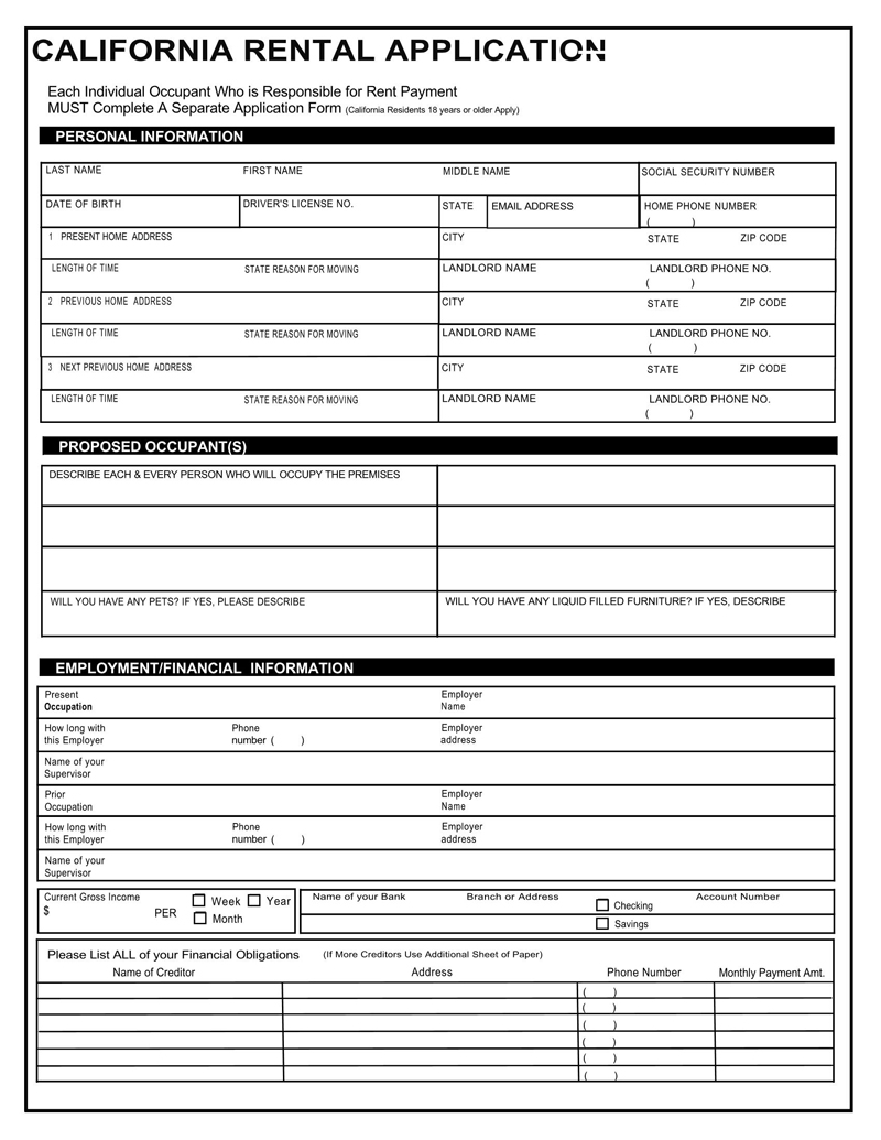 Free California Rental Application Form Sample