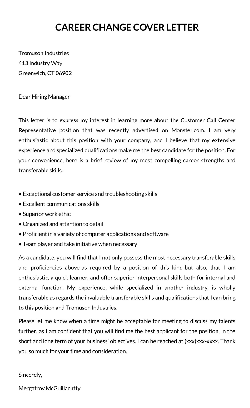 Expert Editable Career Change to Call Center Representative Cover Letter Sample as Word File