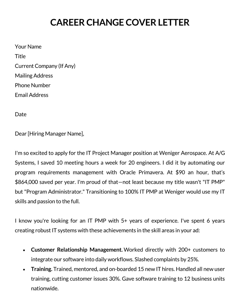 Versatile Professional Career Change to IT Project Manager Cover Letter Sample for Word File
