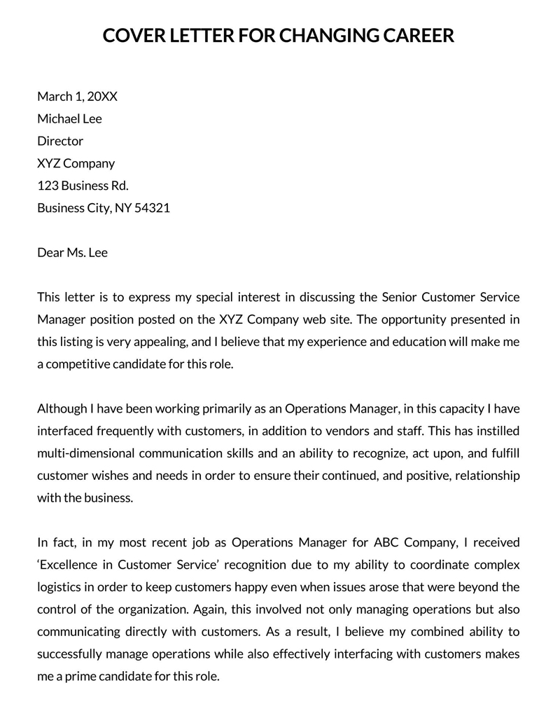 Free Printable Career Change to Customer Services Manager Cover Letter Sample 01 for Word File