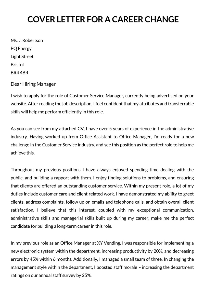 Free Printable Career Change to Customer Services Manager Cover Letter Sample 02 for Word File