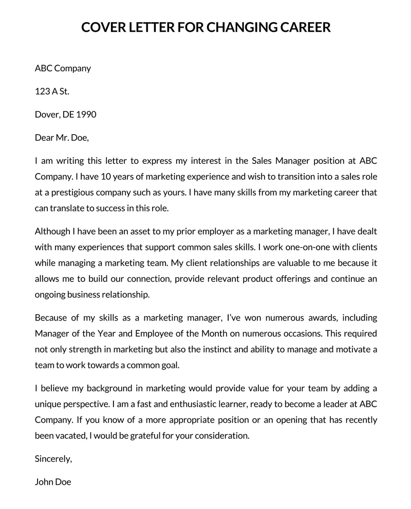 Great Professional Career Change to Sales Manager Cover Letter Sample 02 for Word Document