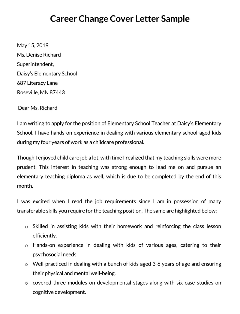 Professional Comprehensive Career Change to Elementary School Teacher Cover Letter Sample as Word Document