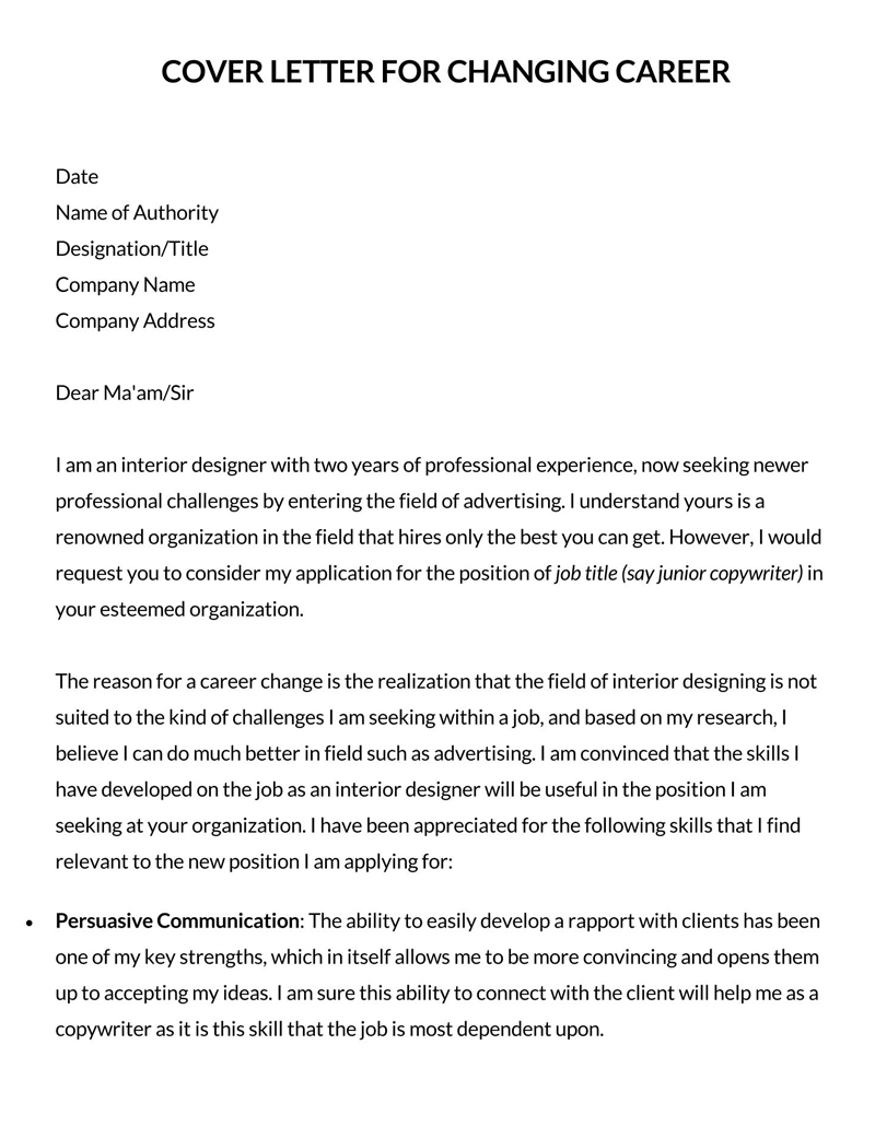 cover letter change of career template