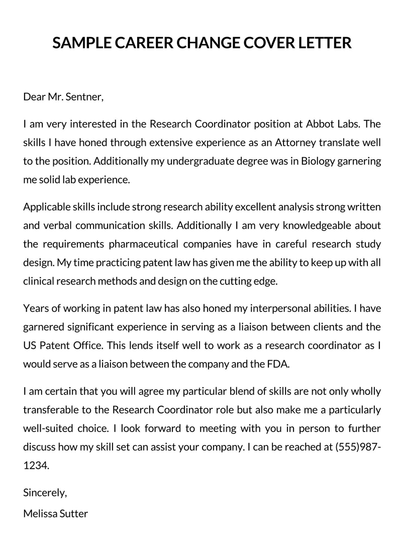 Best Strategic Career Change to Research Coordinator Position Cover Letter Sample as Word File