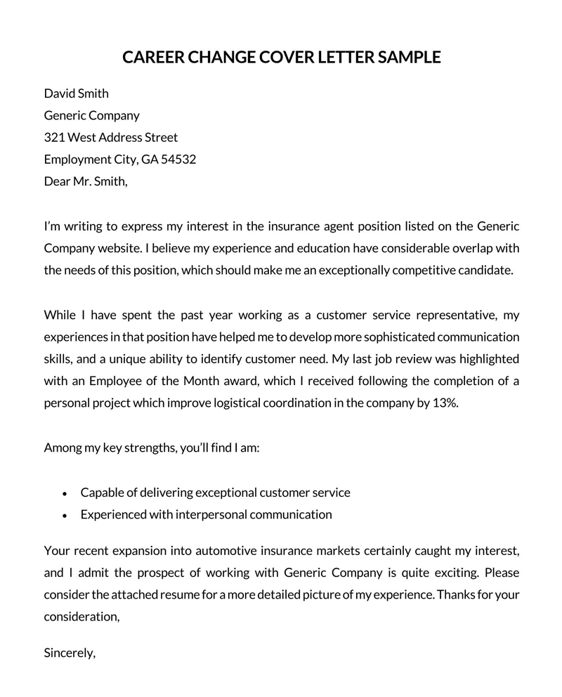 Great Persuasive Career Change to Insurance Agent Cover Letter Sample in Word Format