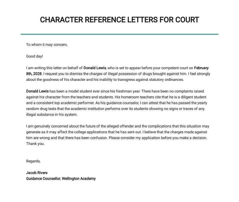 co-worker character reference letter for court