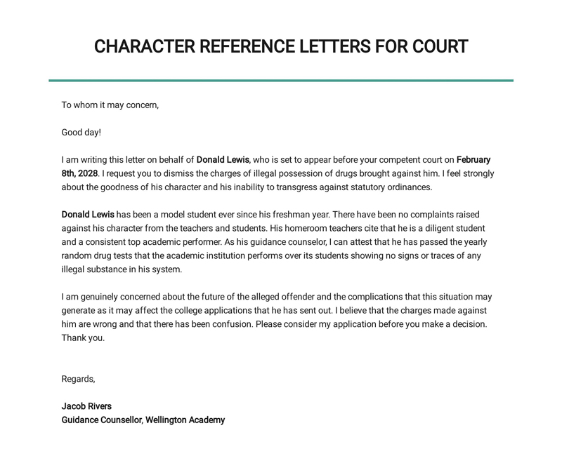 Free Printable Court Character Letter for Possessing Drugs Sample 02 for Word File