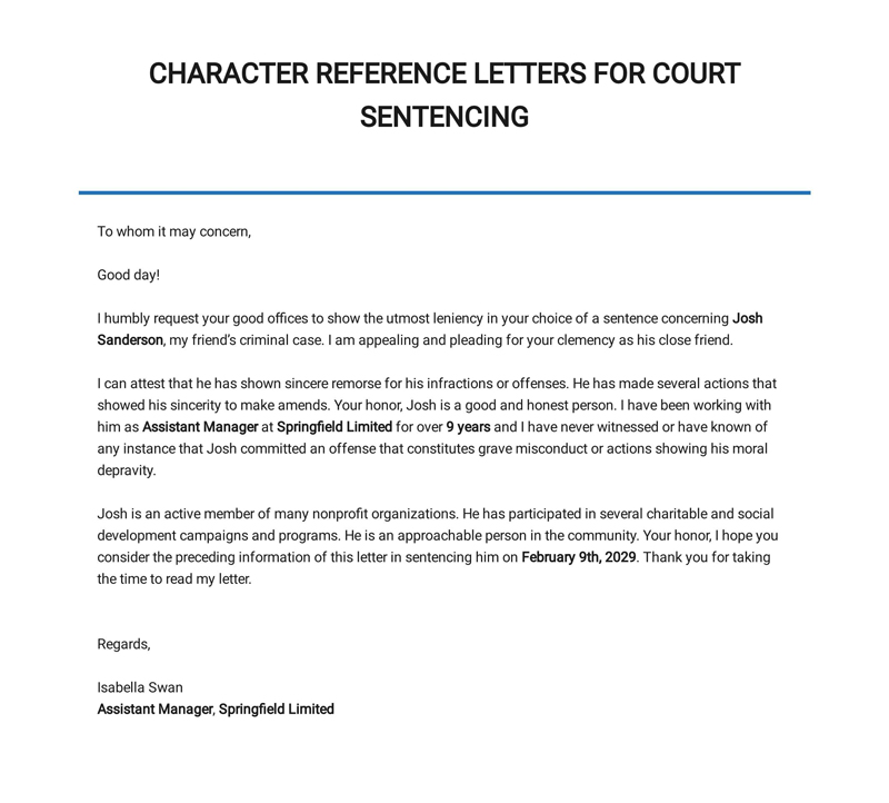 Great Comprehensive Court Character Letter for Criminal Case Sample as Word Document