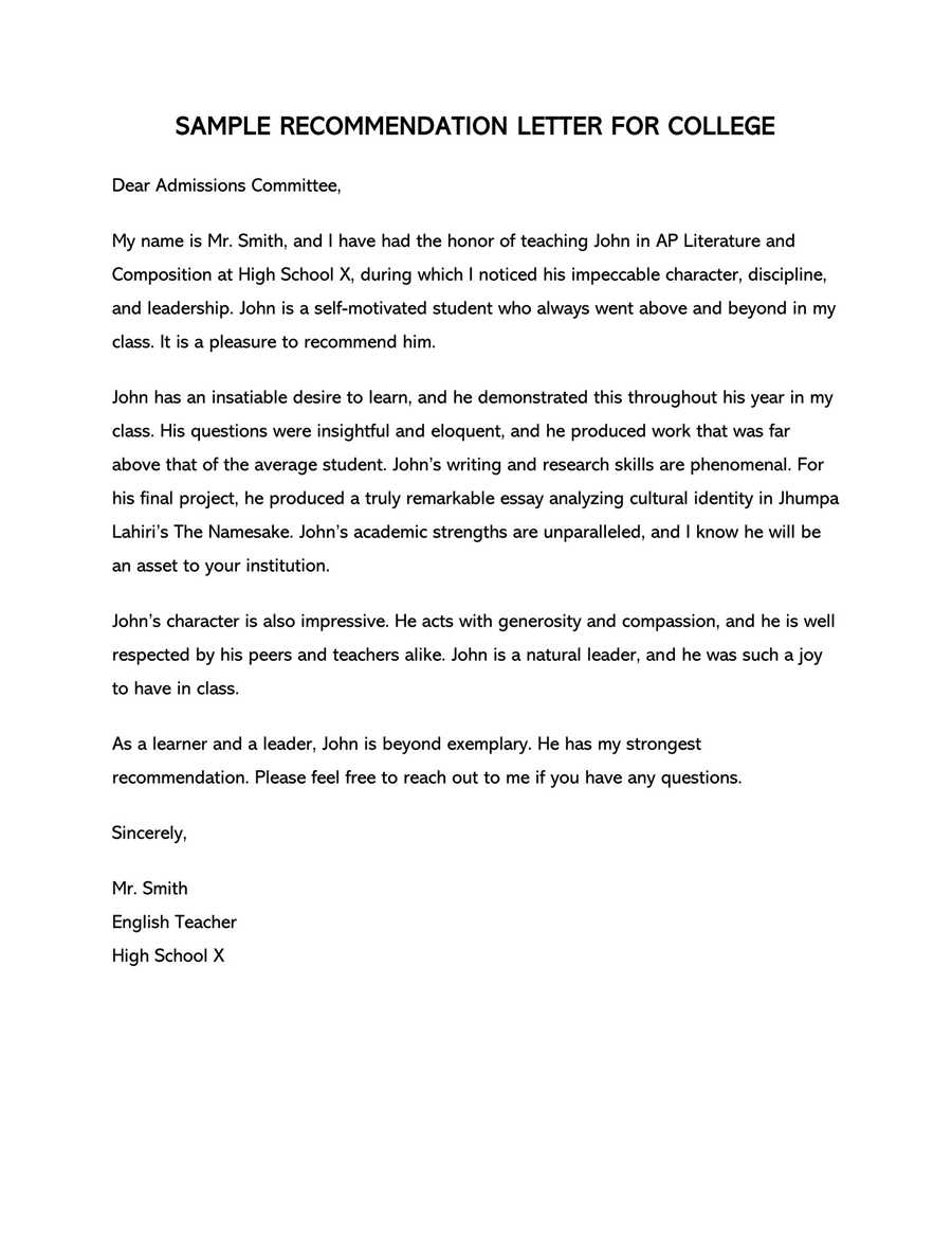 Editable College Recommendation Letter Sample 08