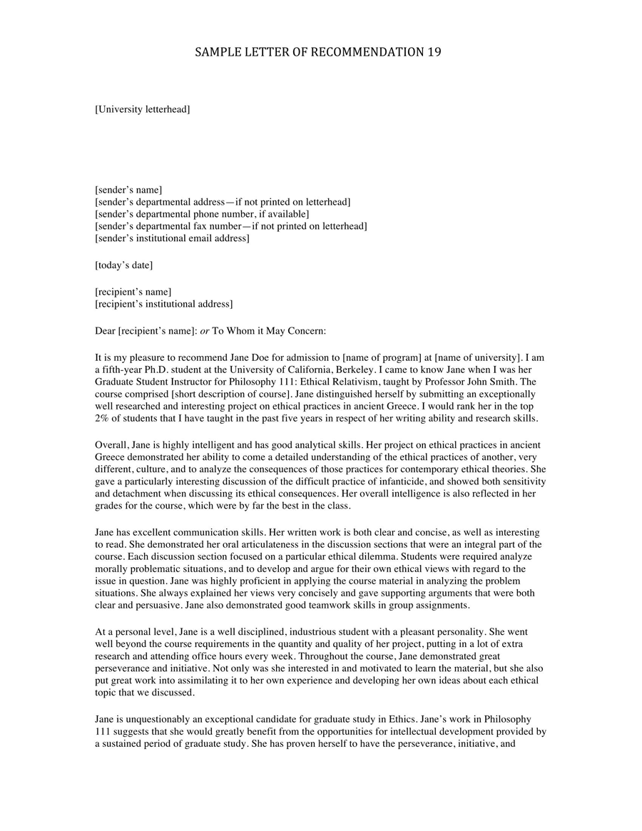 Free College Recommendation Letter Sample Template 09