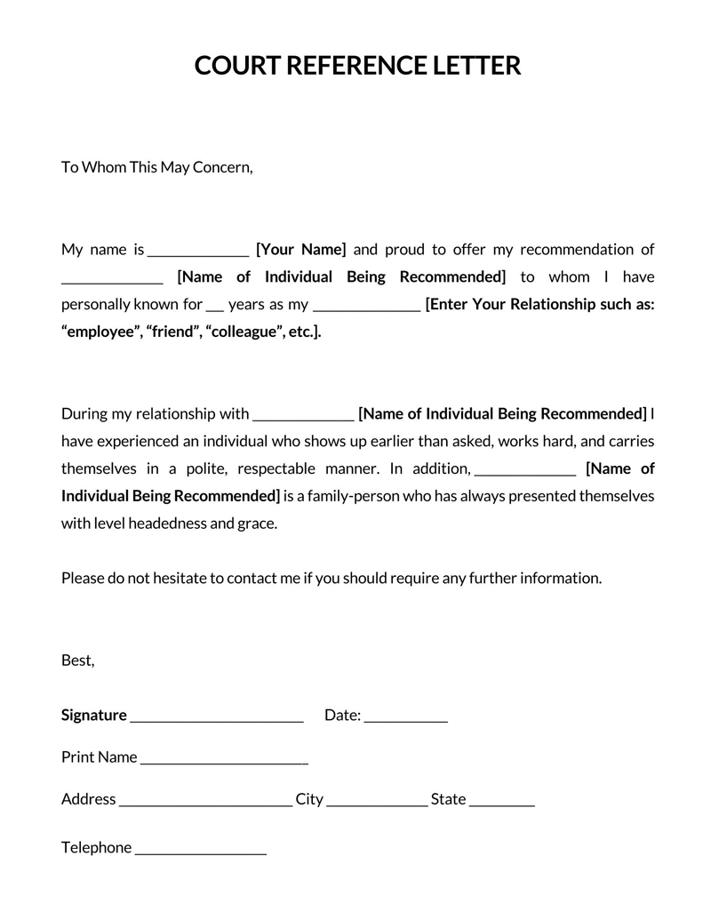 Free Downloadable Court Character Reference Letter Template 01 for Word File