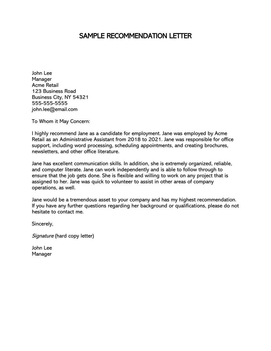 Professional Editable Supervisor Recommendation Letter Sample 04 for Word Format