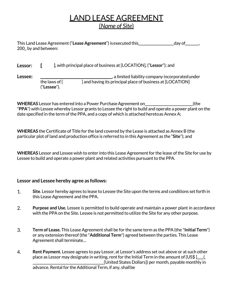 free land lease agreement template word