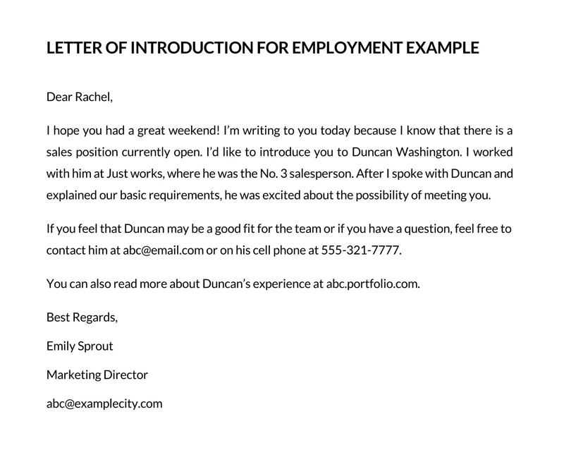 Free Professional Sales Person Employment Introduction Letter Sample for Word File