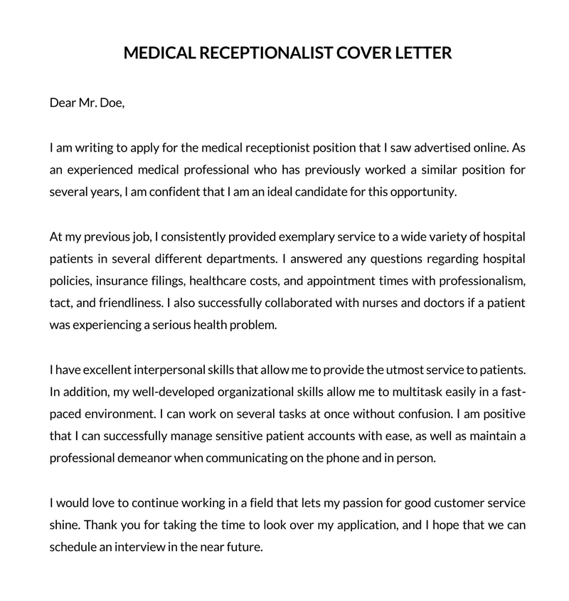 Free Medical Receptionist Cover Letter Template