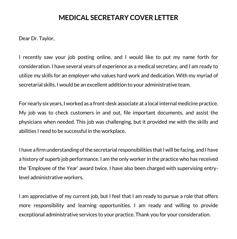 Sample Medical Secretary Cover Letter