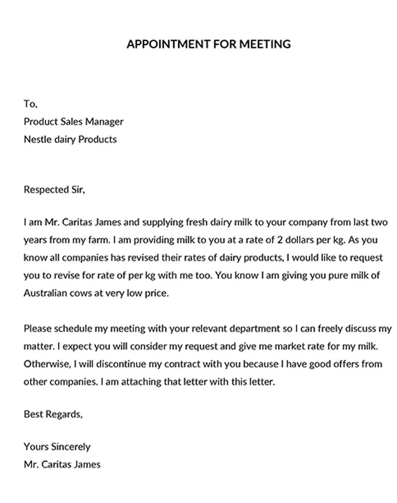 Free Customizable Dairy Farm Sellers Meeting Appointment Request Letter Sample for Word Format
