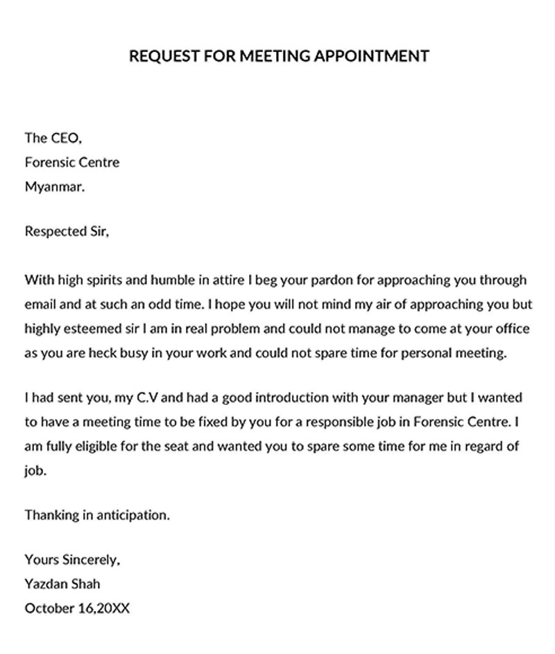 sample letter for meeting schedule
