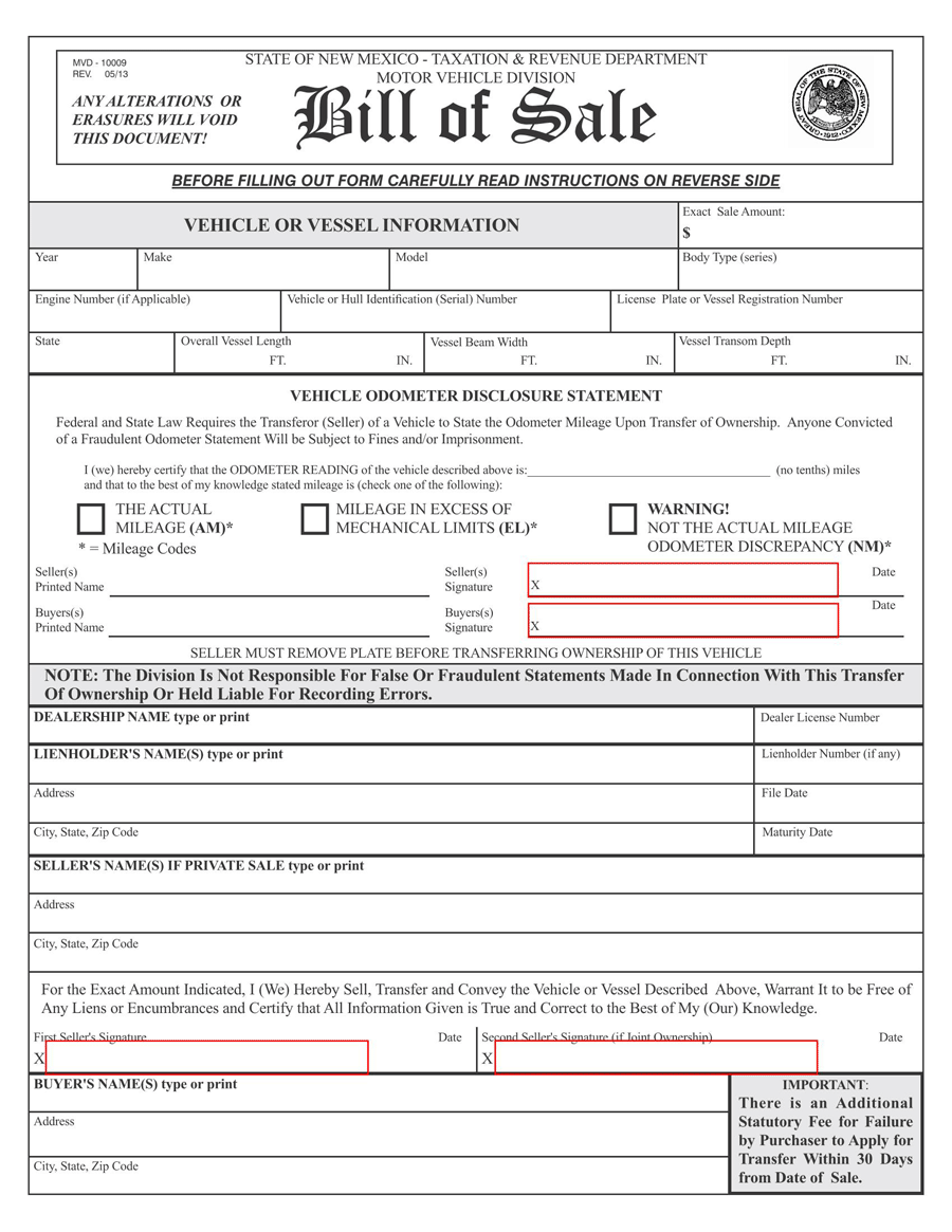 Free New Mexico Bill of Sale for Car/Boat Form 01 in PDF