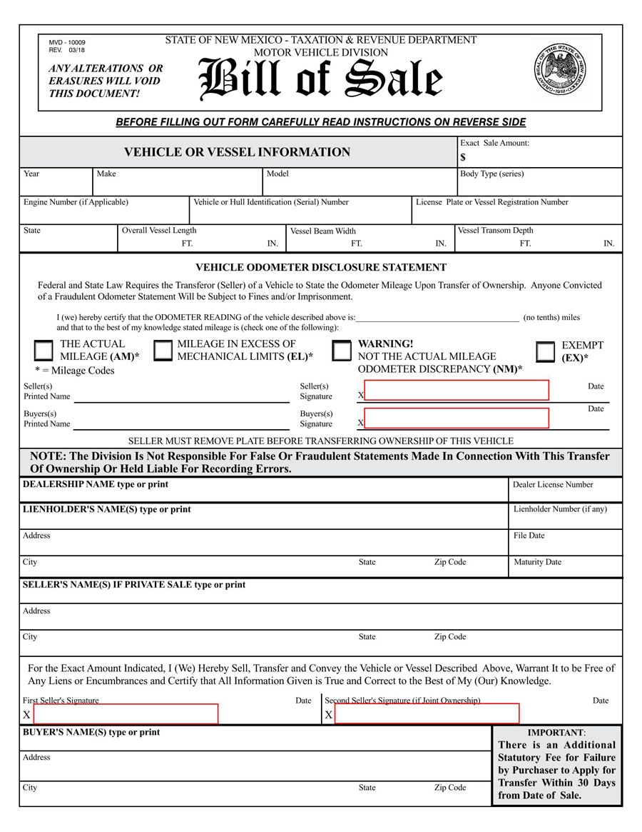 Printable New Mexico Bill of Sale for Car/Boat Form 03 in PDF