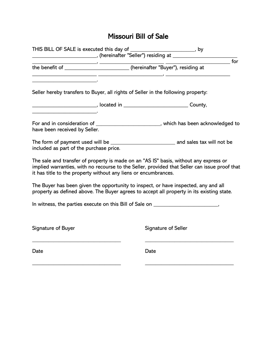 Editable Missouri Car Bill of Sale Form 01 in Word
