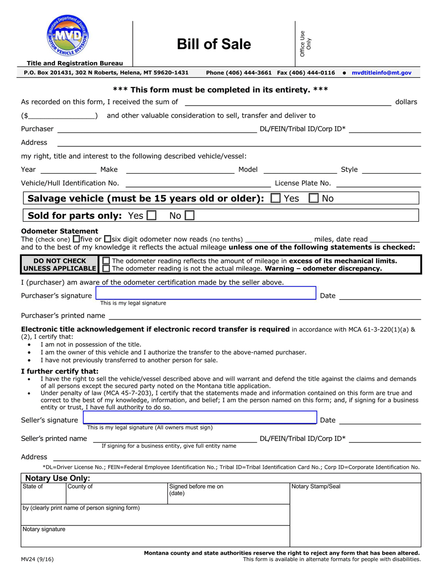 Montana Bill of Sale Template - Free PDF Sample