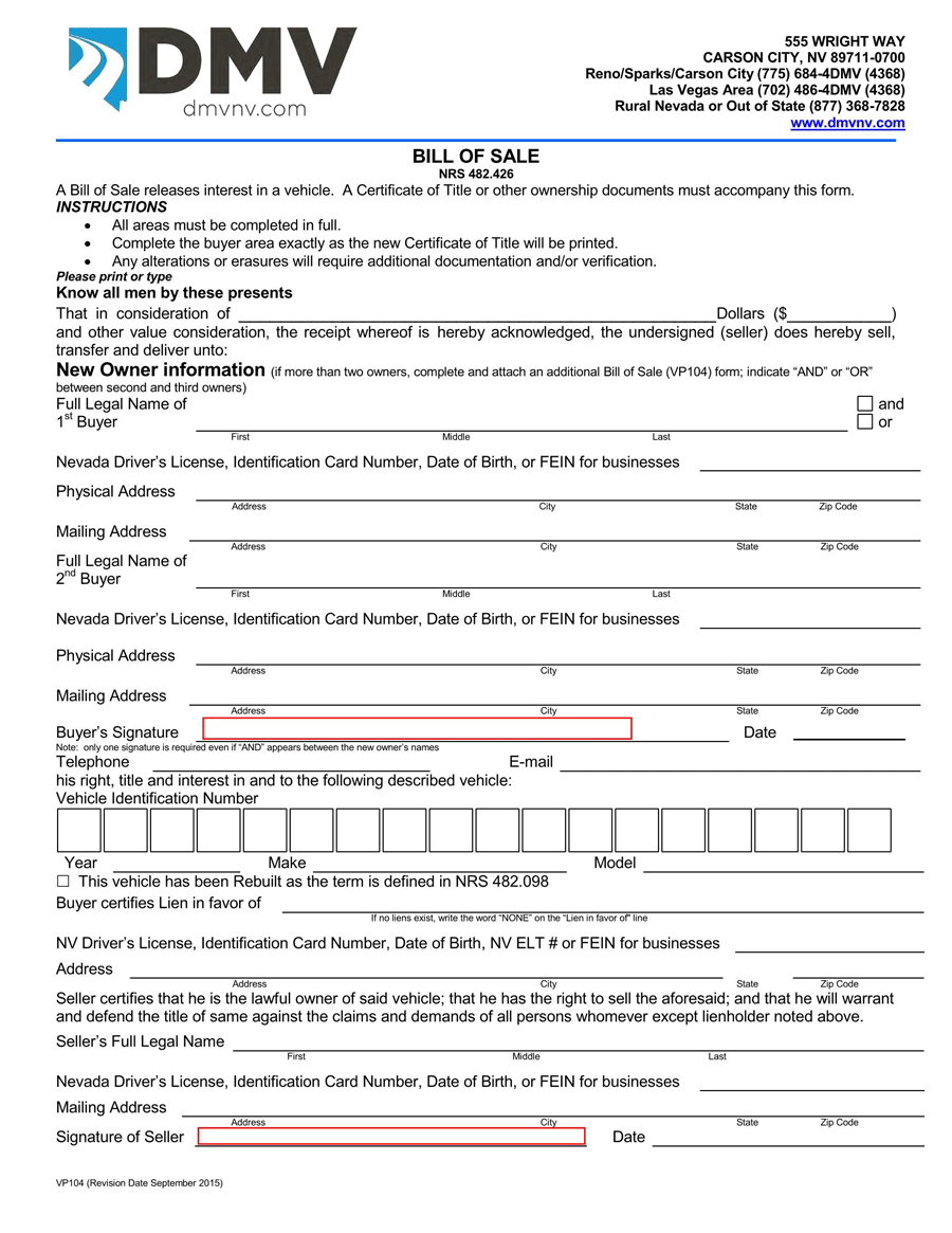 Free Nevada Car Bill of Sale Form 01 in PDF
