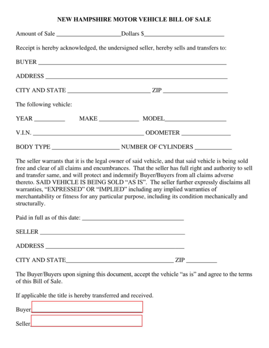 New Hampshire Vehicle Bill of Sale Form How to Register
