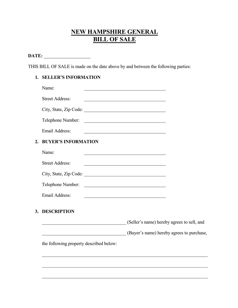 Free New Hampshire Vehicle Bill of Sale Form 02 in PDF