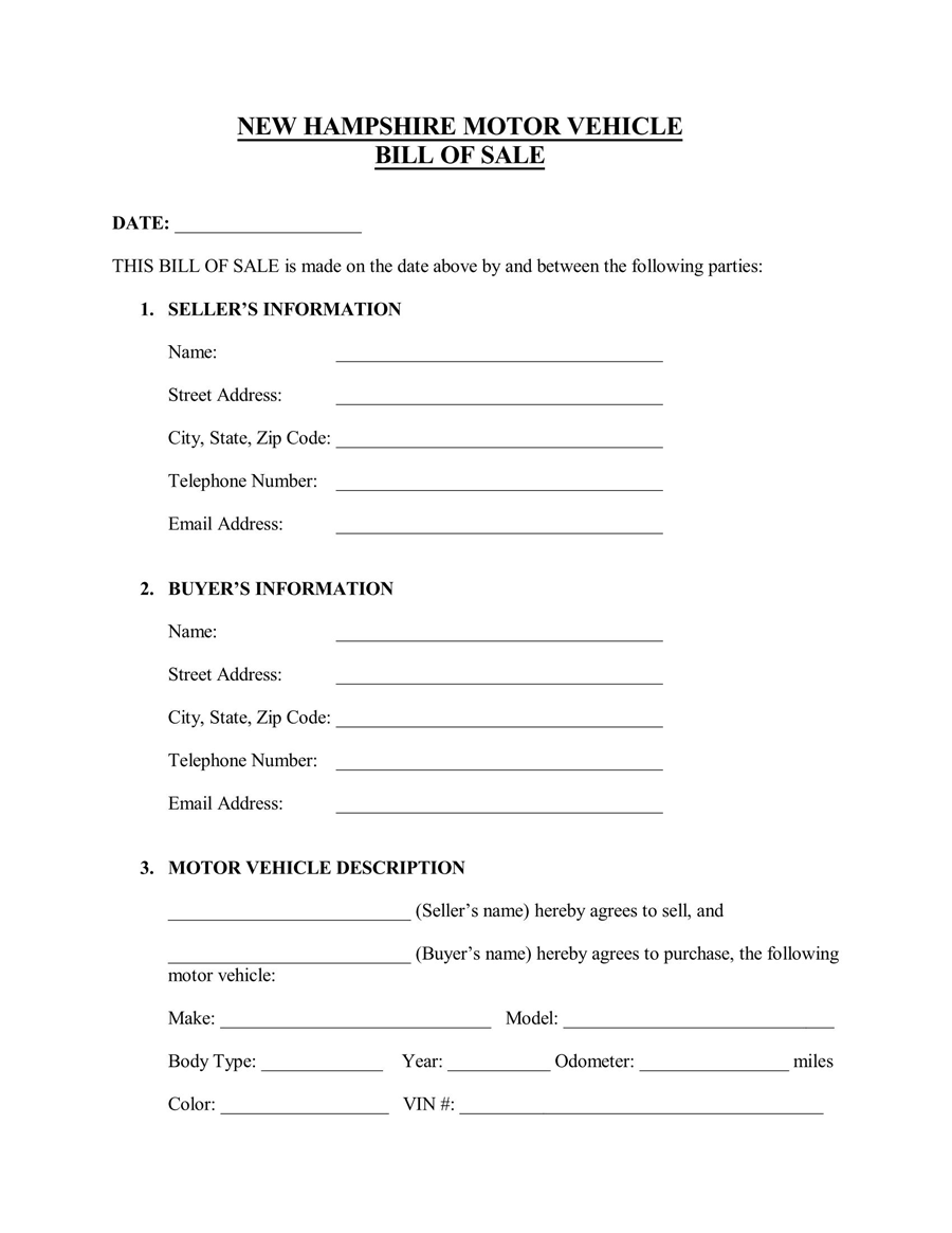 Free New Hampshire Vehicle Bill of Sale Form 04 in PDF