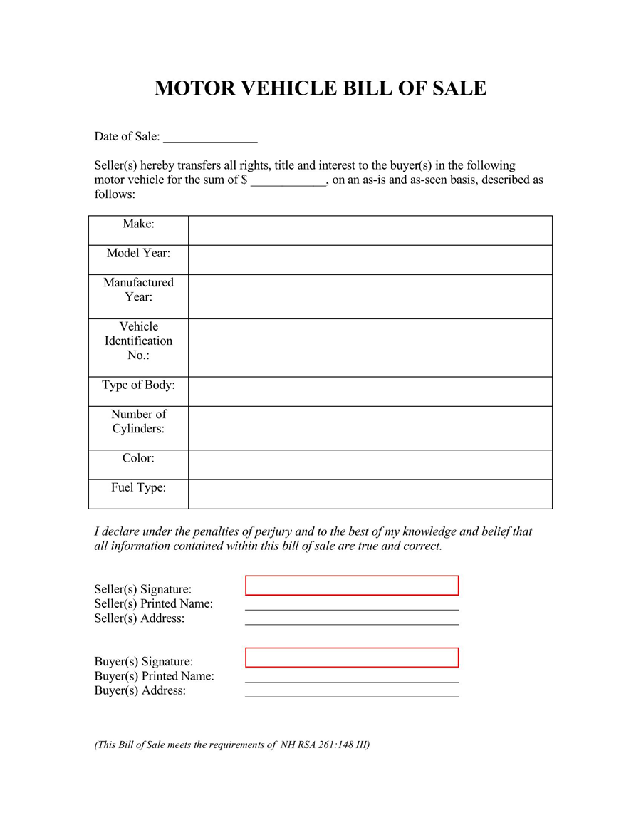 Printable New Hampshire Vehicle Bill of Sale Form 05 in PDF