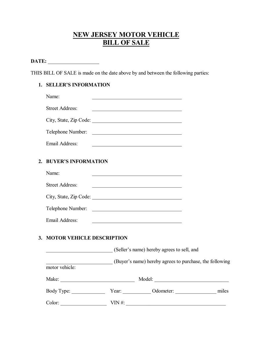 Free New Jersey Bill of Sale Form for Vehicle 01 in PDF