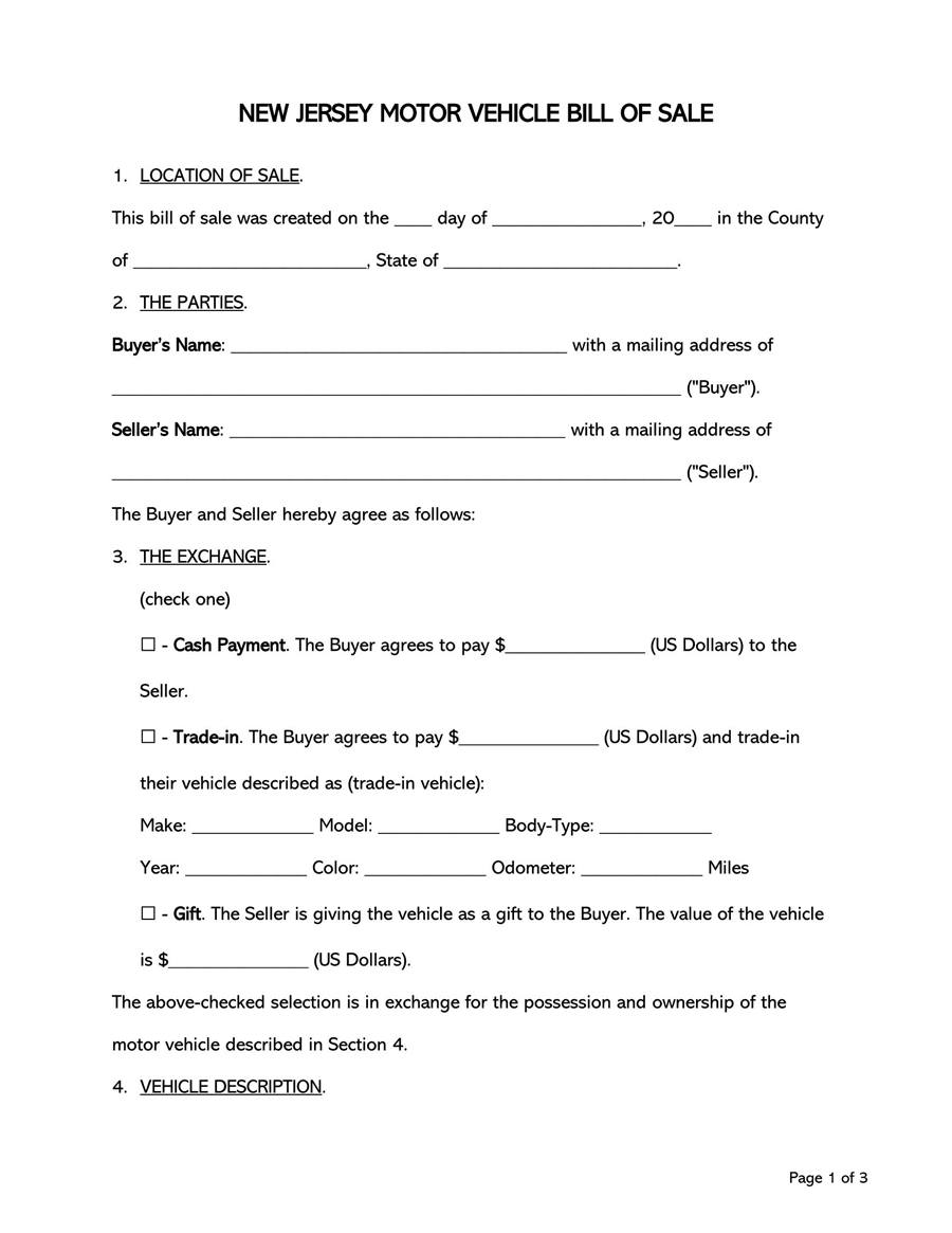 Free New Jersey Bill of Sale Form for Vehicle 02 in Word