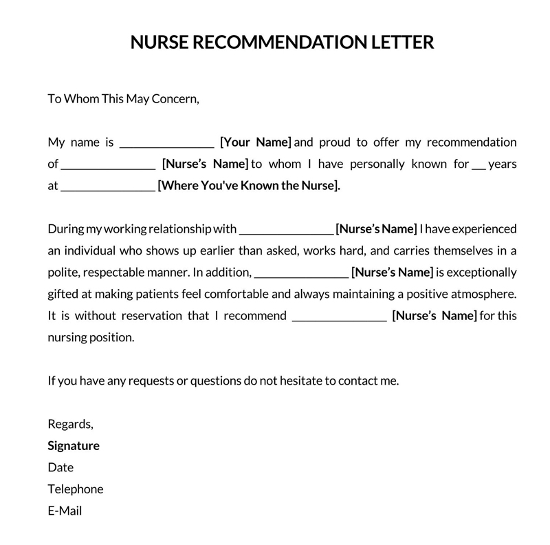 Free Fillable Nurse Recommendation Letter Template 01 as Word File