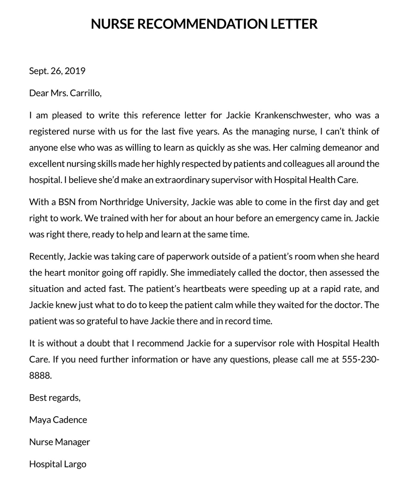 Free Editable Managing Nurse Recommendation Letter Template for Word Document