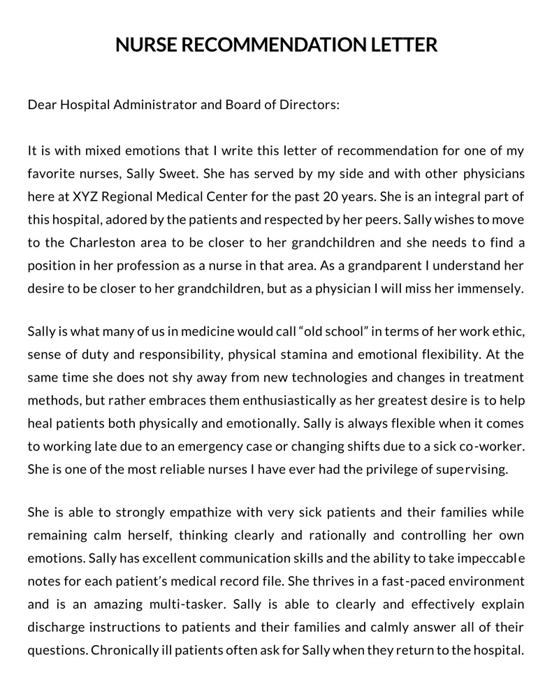 recommendation letter for nurse from supervisor