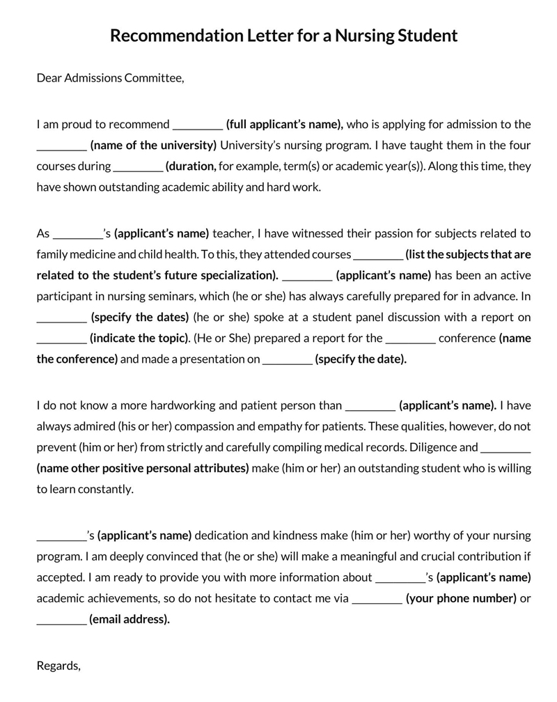 Great Professional Nursing Student Recommendation Letter Template as Word Format