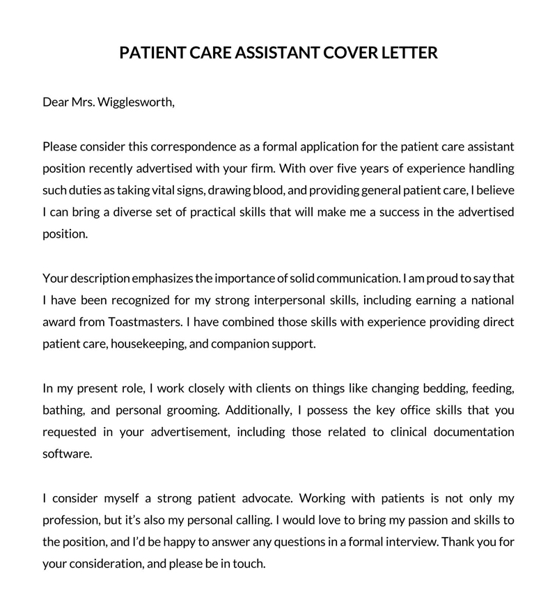 Patient Assistant Care Cover Letter Example