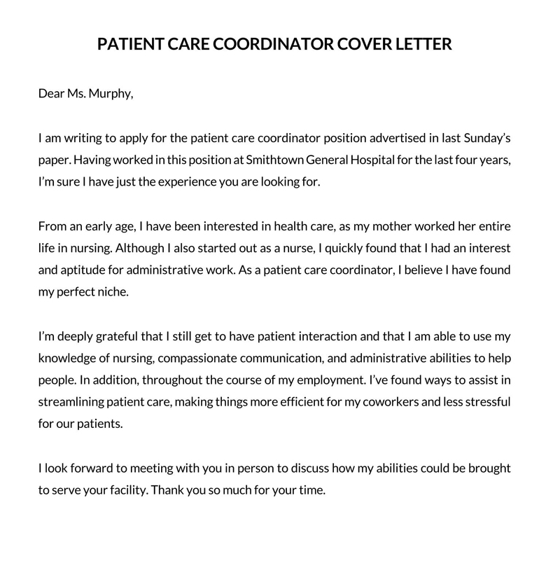 Patient Care Coordinator Cover Letter Format