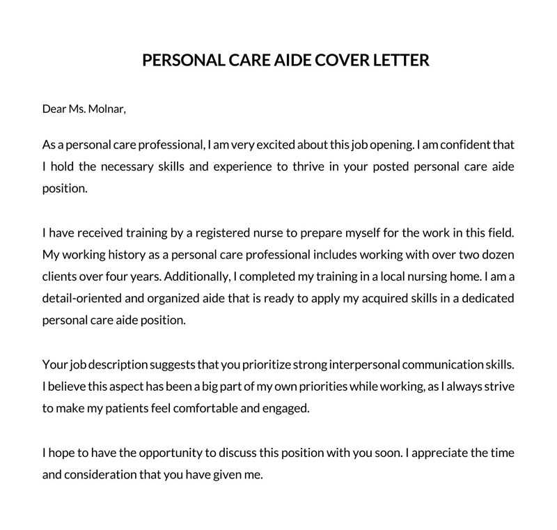 Editable Personal Care Aide Cover Letter