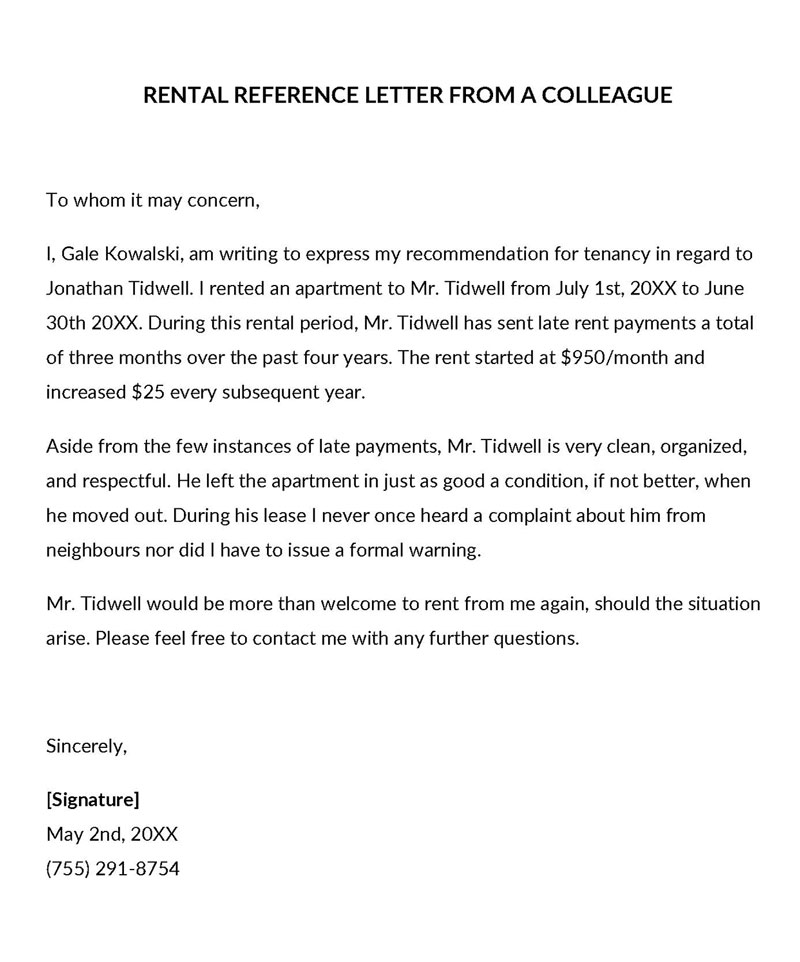 rental reference letter from colleague