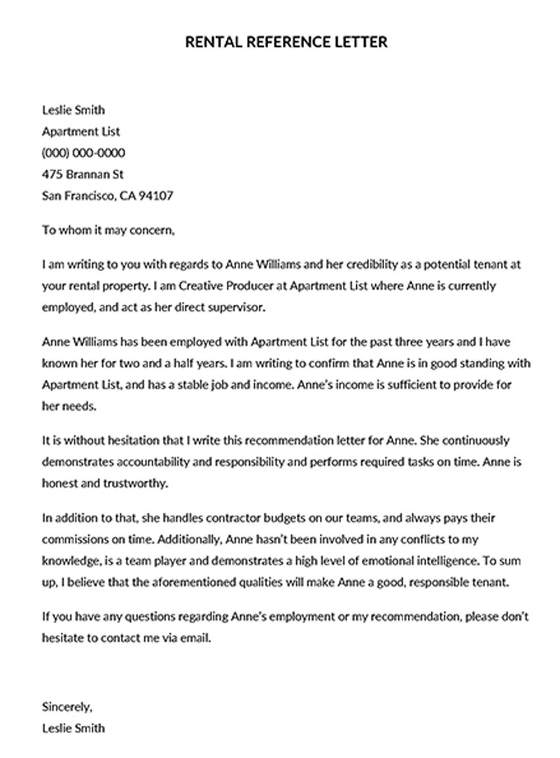 tenant reference letter for a friend