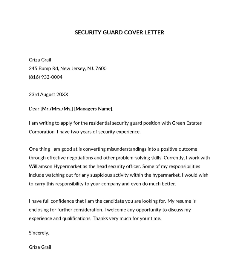 security officer cover letter for security job