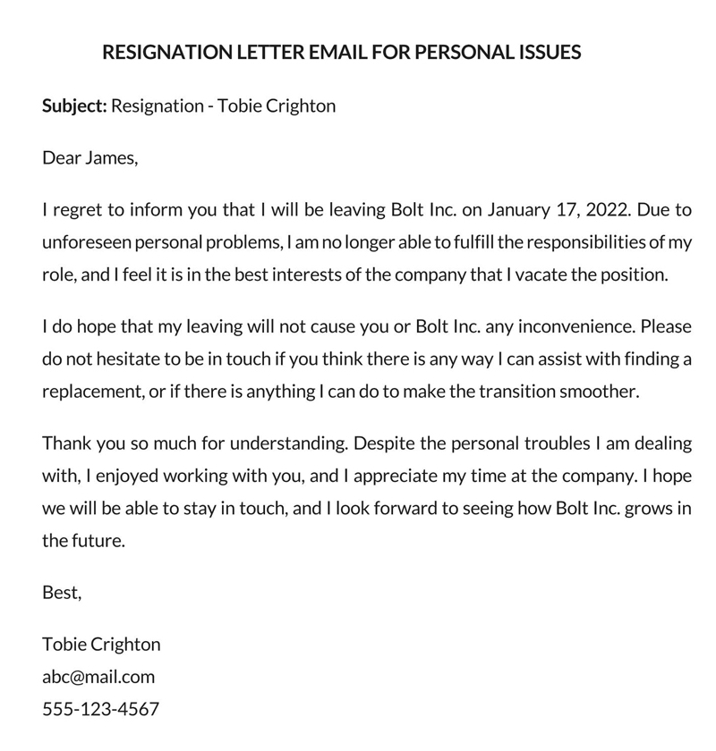 Personal Reasons Resignation Letter Template