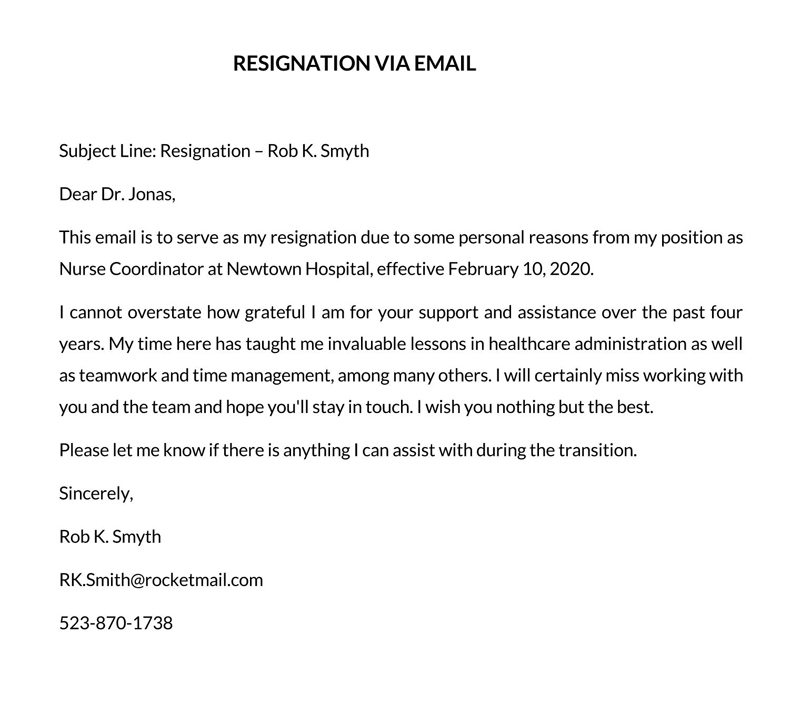 Sample Resignation Letter - Personal Reasons