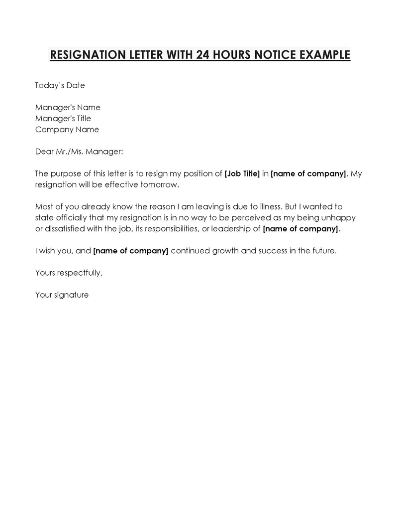 Free 24 Hours Notice Resignation Letter
