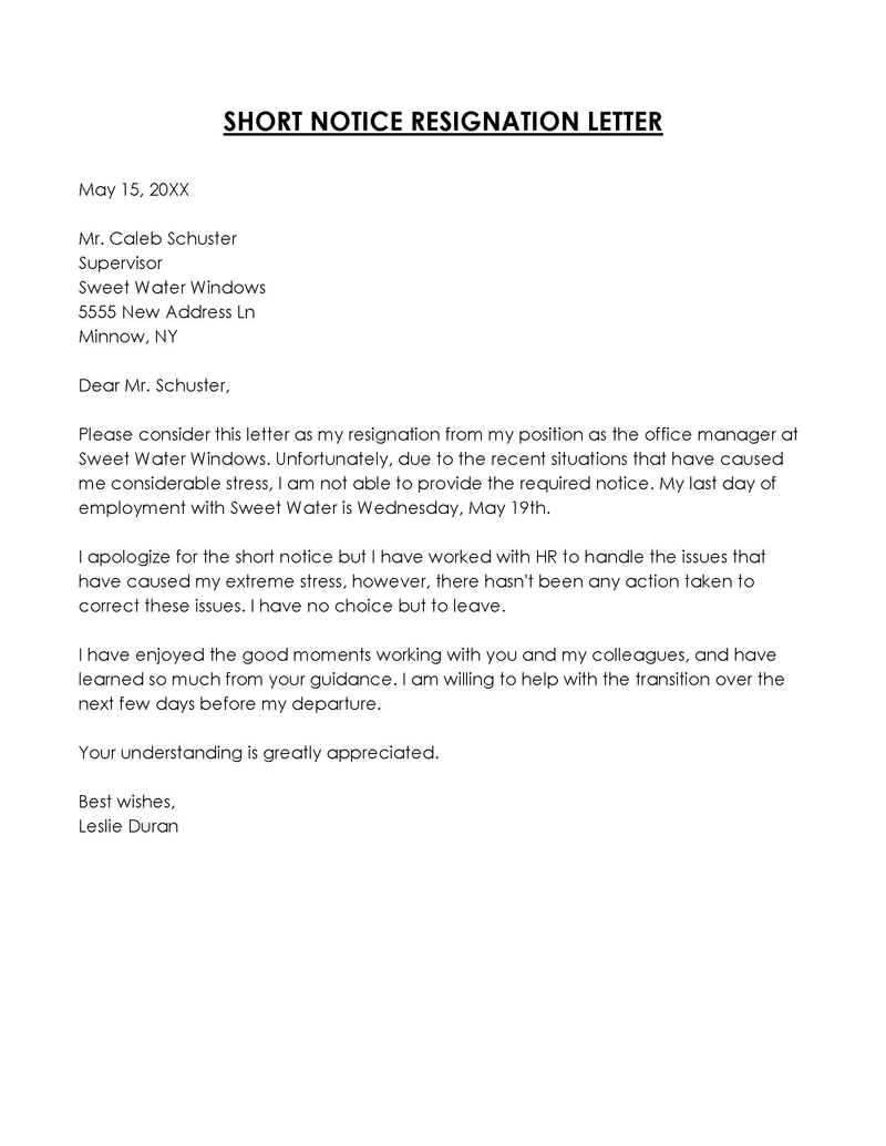 Sample 24 Hours Resignation Letter Format