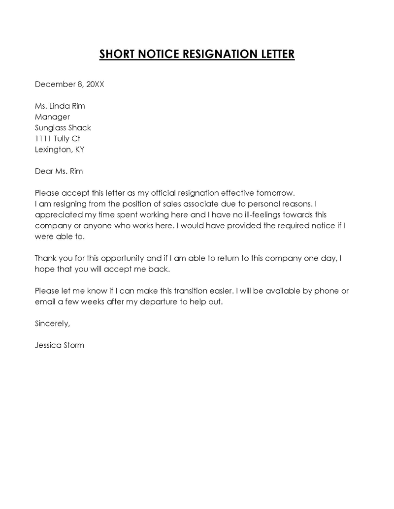 Free Editable Short Notice Resignation Letter Sample 03 as Word File